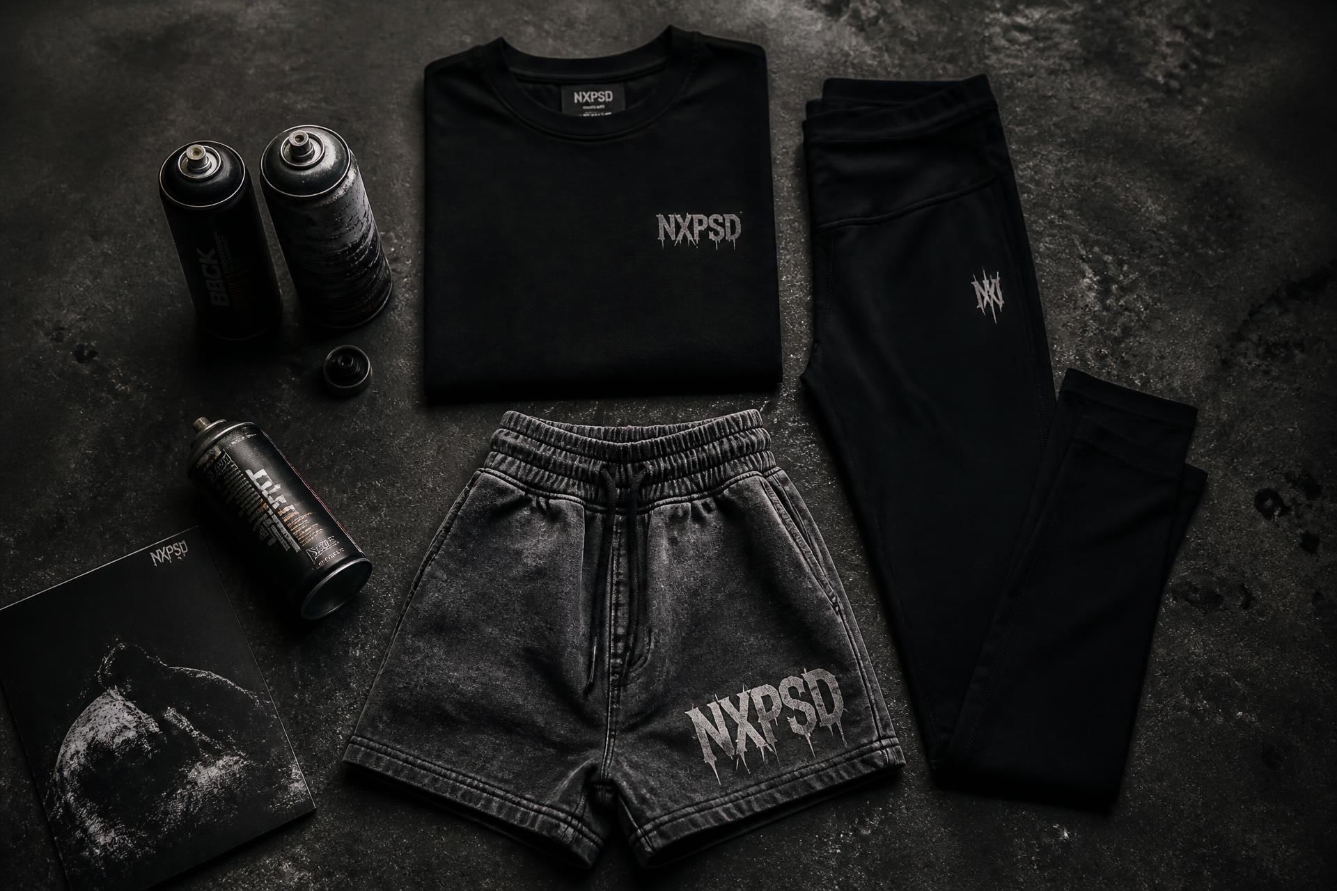 Gray Area tee, washed shorts and leggings laid out on dark concrete with spray cans